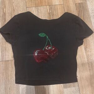 Bershka Black Short-Sleeve Tee with Red Cherry Rhinestones